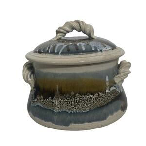 Covered Dish Pottery Studio Art Handmade Glazed 6”x4” Blue Brown Cream